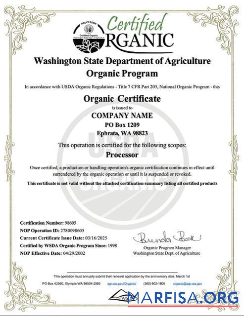 Professionell USA Washington organic Zertifikat of Unternehmen Word and PDF Vorlage