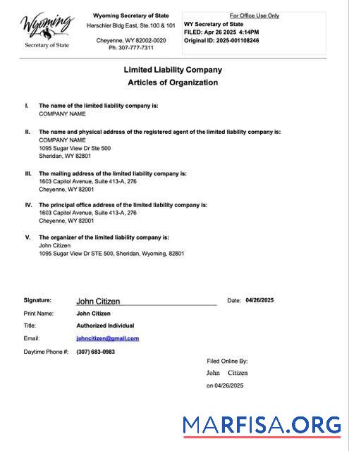 Premium USA Wyoming articles of organization Word and PDF Vorlage