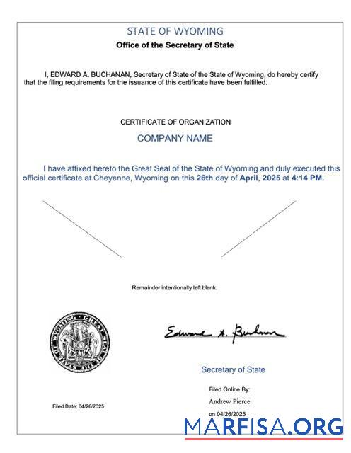 Realistisch USA Wyoming Zertifikat of organization Word and PDF Vorlage