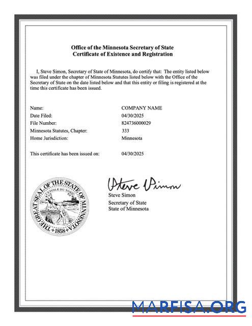 Premium USA┬áMinnesota┬áZertifikat of existence and Registrierung Word and PDF Vorlage