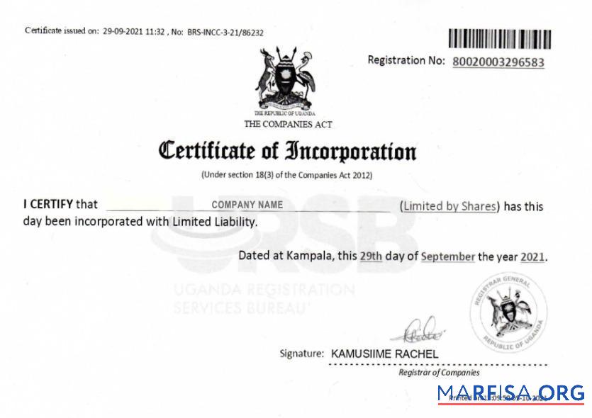 Uganda Zertifikat of Incorporation Vorlage