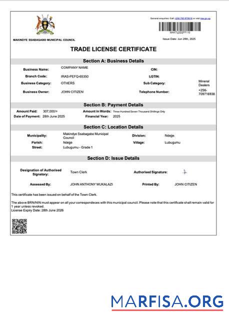 Professionell Uganda Makindye┬átrade Lizenz Zertifikat Word and PDF Vorlage