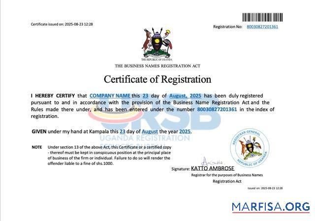 Professionell Uganda Geschäft names Registrierung Zertifikat Word and PDF Vorlage