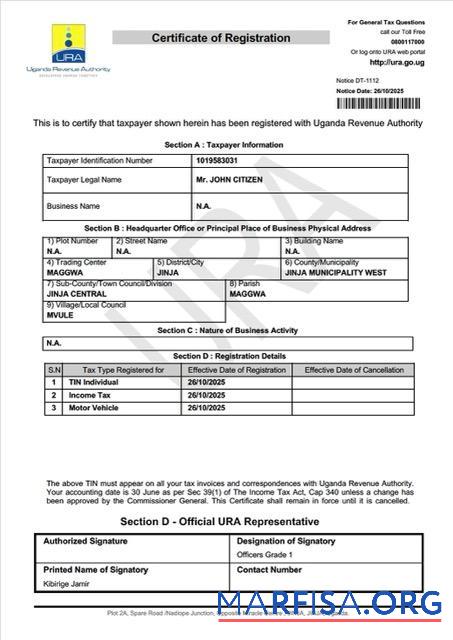 Premium Uganda Zertifikat of taxpayer Registrierung Word and PDF Vorlage