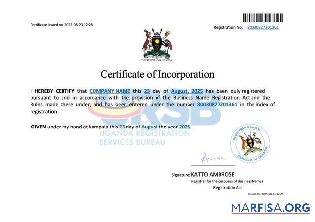 Professionell Uganda Unternehmen incorporation Zertifikat Word and PDF Vorlage