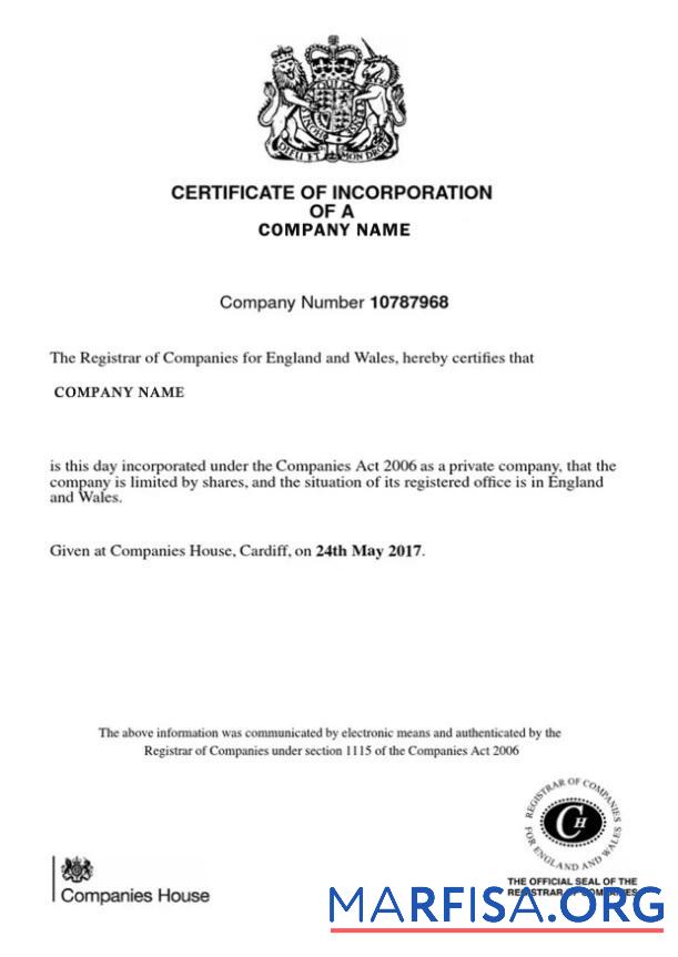 Vereinigtes Königreich Zertifikat of Incorporation Mockup