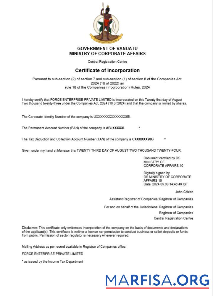 Hohe Qualität Vanuatu Geschäft Registrierung Zertifikat Word and PDF Vorlage