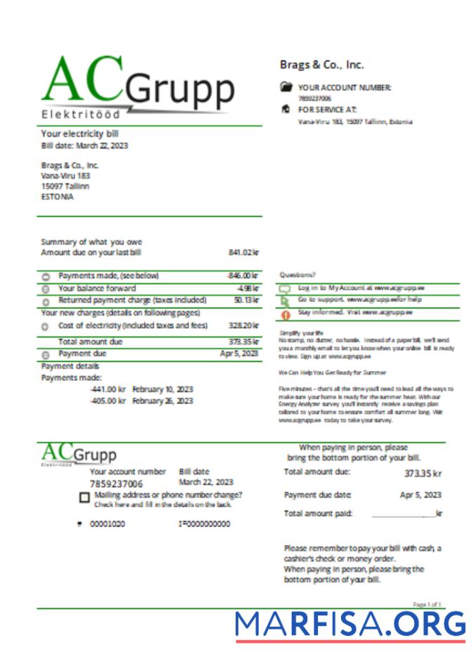 AC Grupp OU╠ê Электричество Счёт за коммунальные услуги Бизнес Счёт SCR шаблон