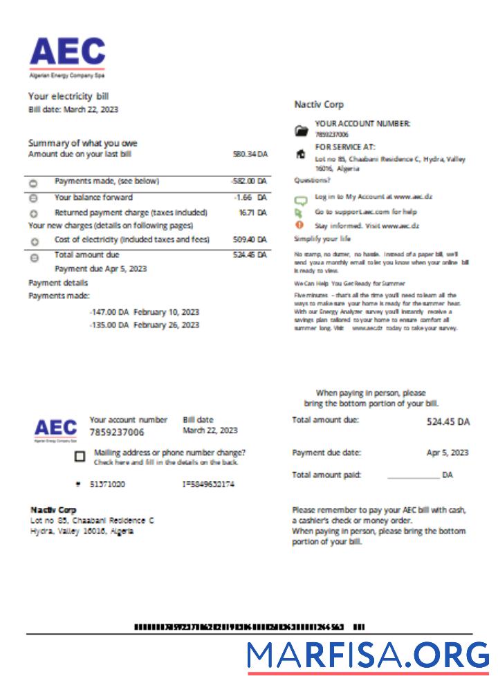 AEC Algerian Energy Компания Счёт за коммунальные услуги Бизнес Счёт, SCR макет