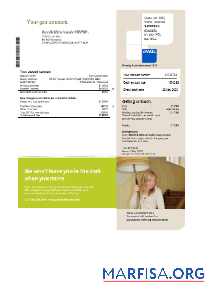 AGL Австралия Газ Счёт за коммунальные услуги Бизнес Счёт, SCR предпросмотр