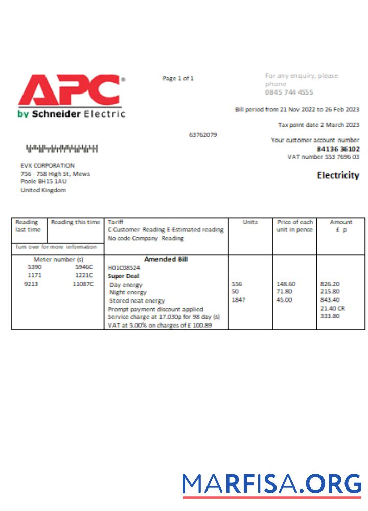 APC Электричество Счёт за коммунальные услуги Бизнес Счёт, SCR образец