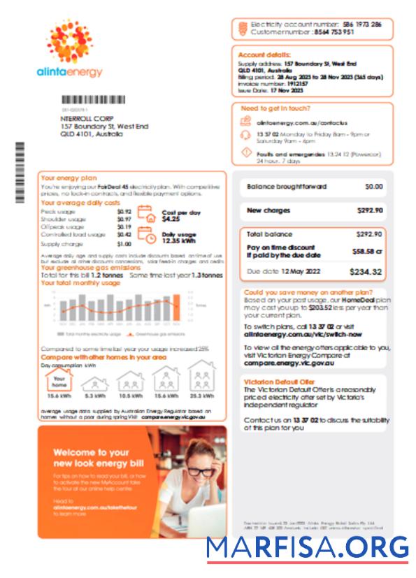 Alinta energy Электричество Счёт за коммунальные услуги Бизнес Счёт, Страница 1, SCR макет
