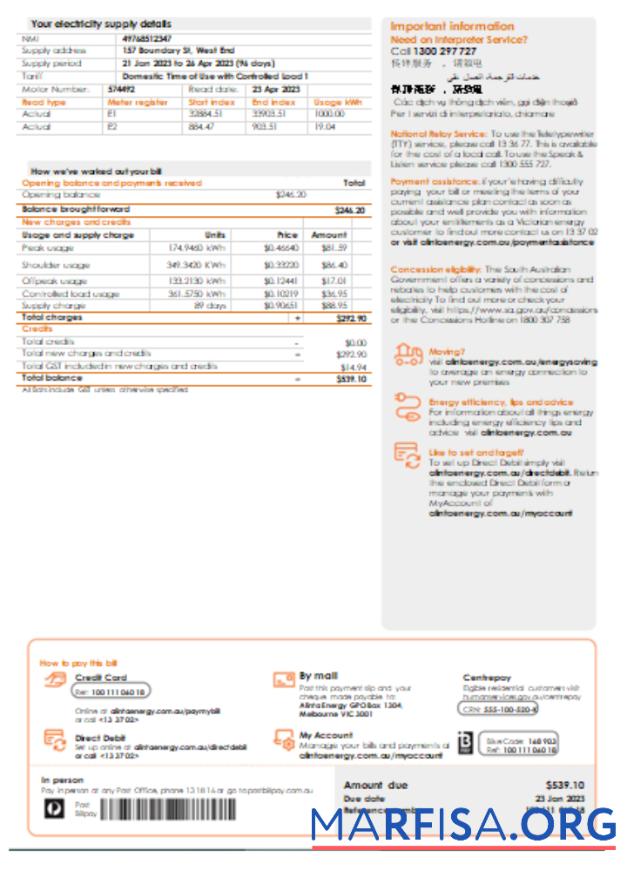 Alinta energy Электричество Счёт за коммунальные услуги Бизнес Счёт, Страница 2, SCR шаблон