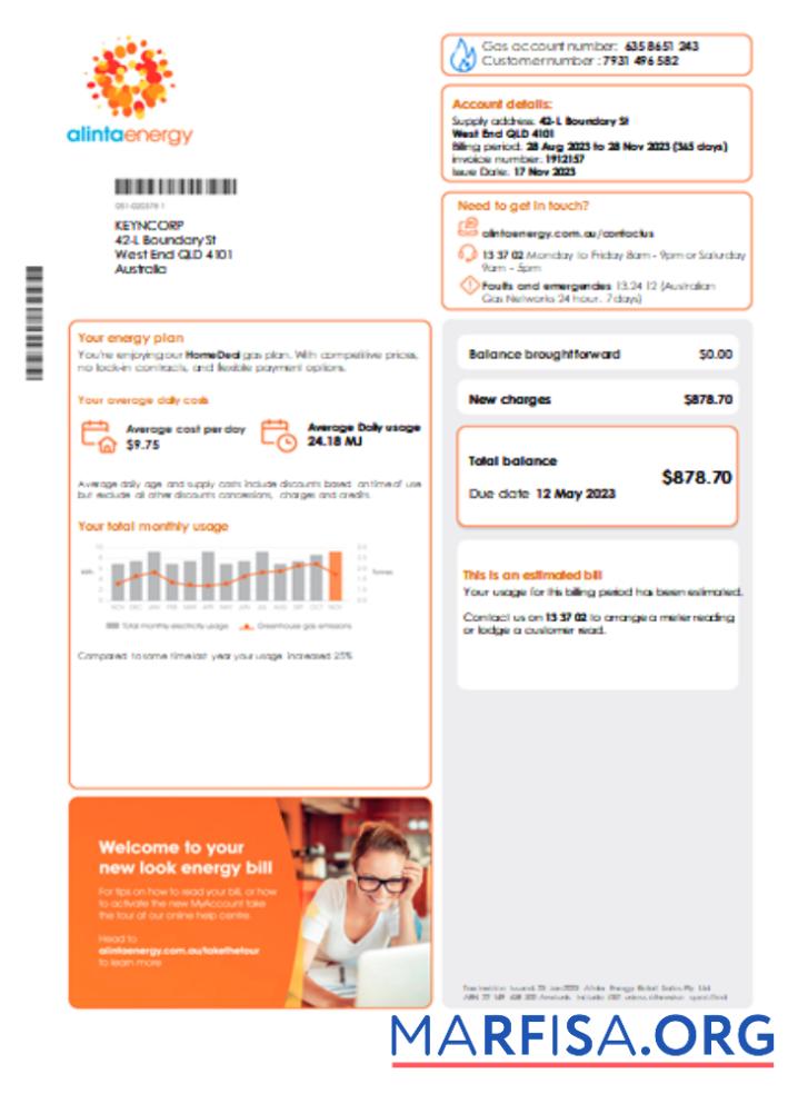 Alinta energy Газ Счёт за коммунальные услуги Бизнес Счёт, Страница 1, SCR образец