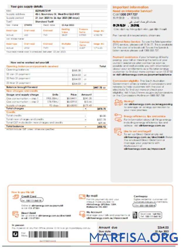 Alinta energy Газ Счёт за коммунальные услуги Бизнес Счёт, Страница 2, SCR макет