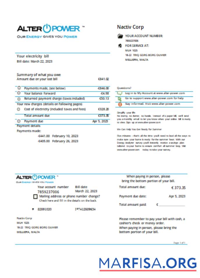 AlterPower Мальта proof of address Счёт за коммунальные услуги Бизнес Счёт, SCR предпросмотр