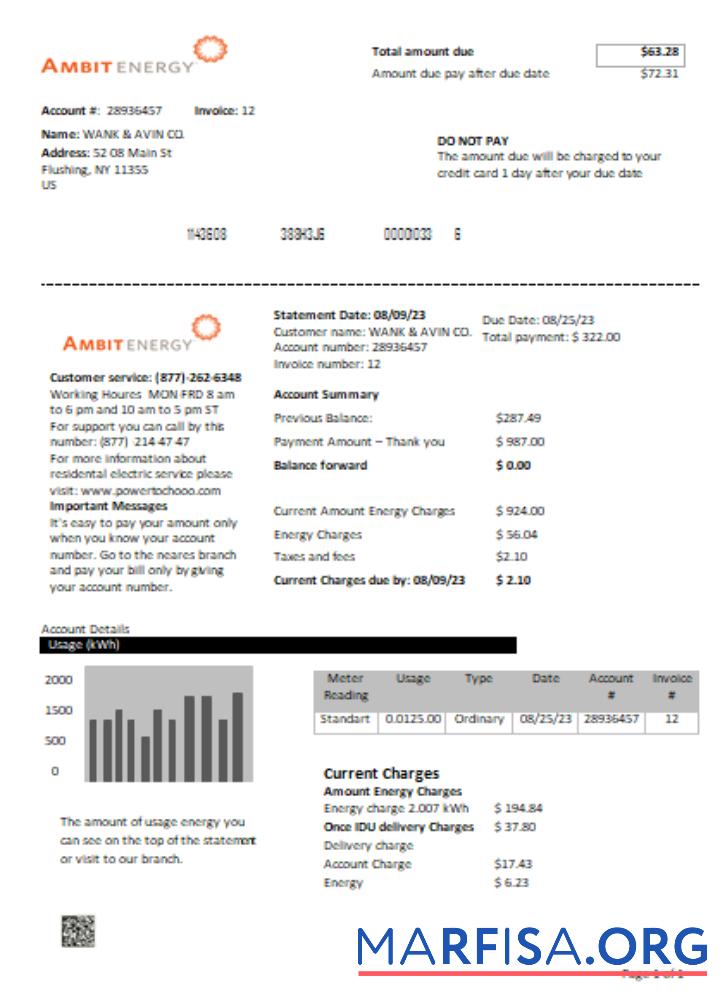Ambit Energy Счёт за коммунальные услуги Бизнес Счёт, SCR образец