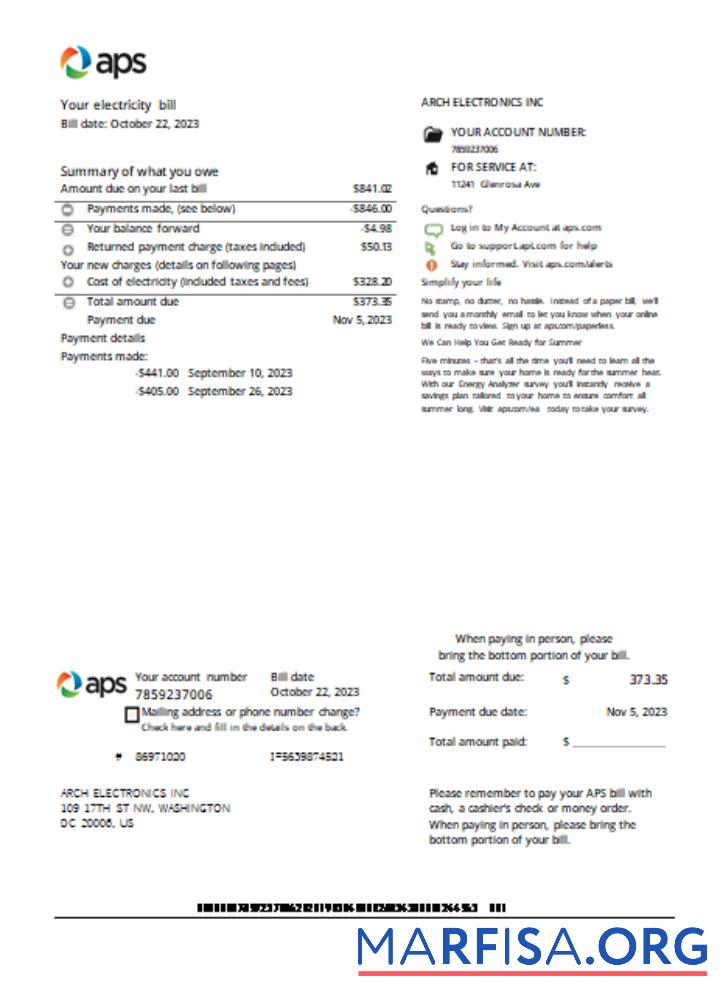 Arizona APS Электричество proof of address Счёт за коммунальные услуги Бизнес Счёт SCR шаблон