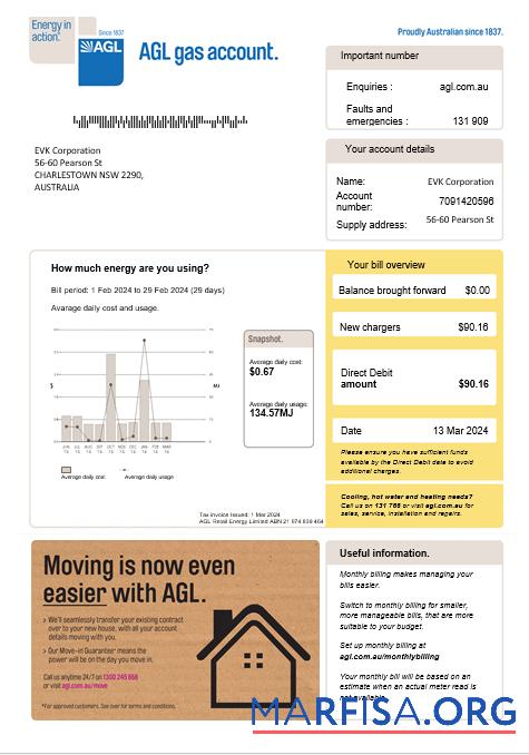 Редактируемый Австралия AGL Газ Бизнес Счёт за коммунальные услуги Счёт Word and PDF Шаблон, Версия 2
