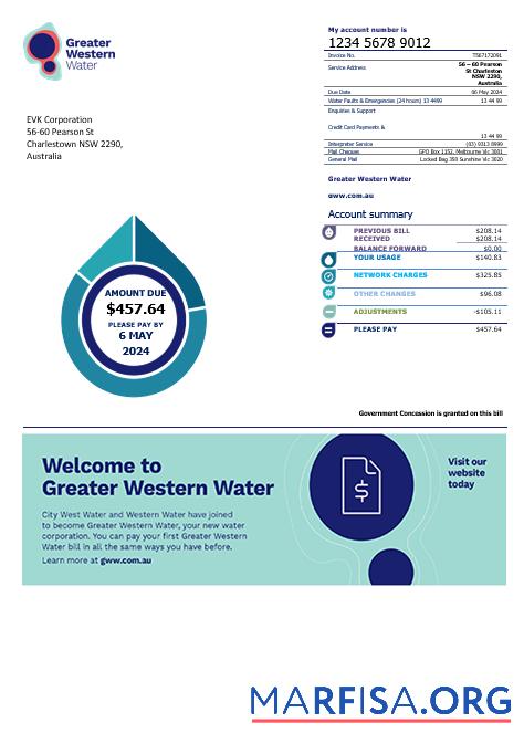 Высокое Качество Австралия Greater Western Вода Бизнес Счёт за коммунальные услуги Счёт Шаблон in