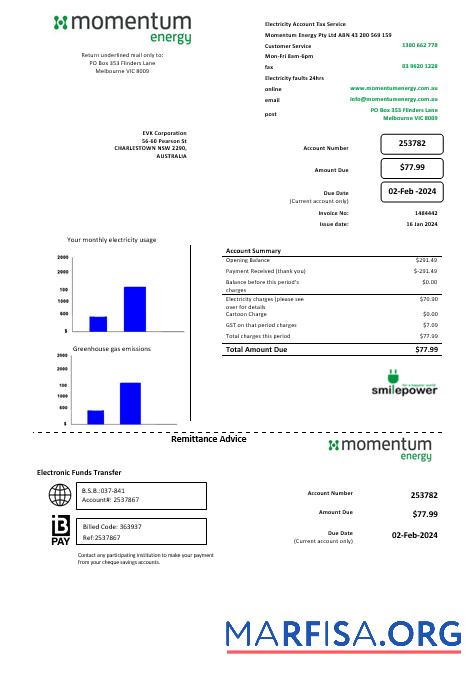 Реалистичный Австралия Momentum Energy Бизнес Счёт за коммунальные услуги Счёт Шаблон in Word and PDF Формат