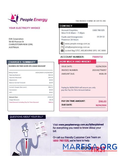 Профессиональный Австралия People Energy Электричество Бизнес Счёт за коммунальные услуги Счёт Шаблон in Word and PDF Формат