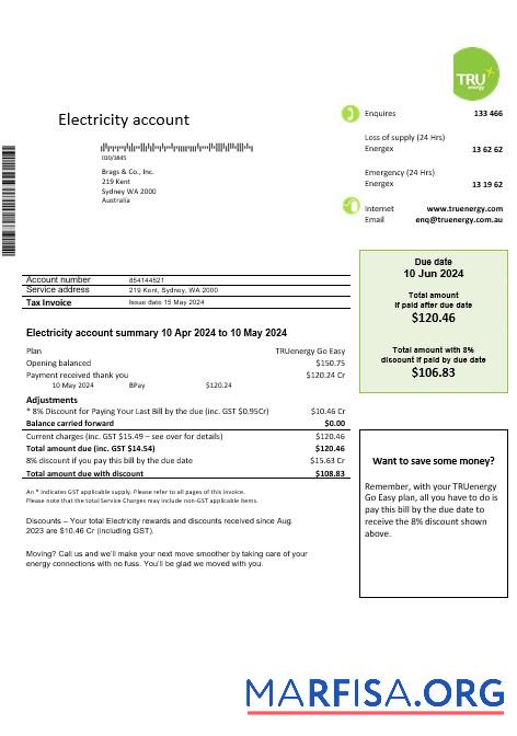 Реалистичный Австралия Tru Energy Электричество Бизнес Счёт за коммунальные услуги Счёт Шаблон in Word and PDF Формат