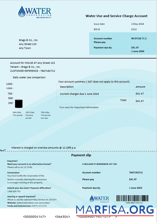 Австралия Вода Corporation WA Бизнес Счёт за коммунальные услуги Счёт Word and PDF. doc образец