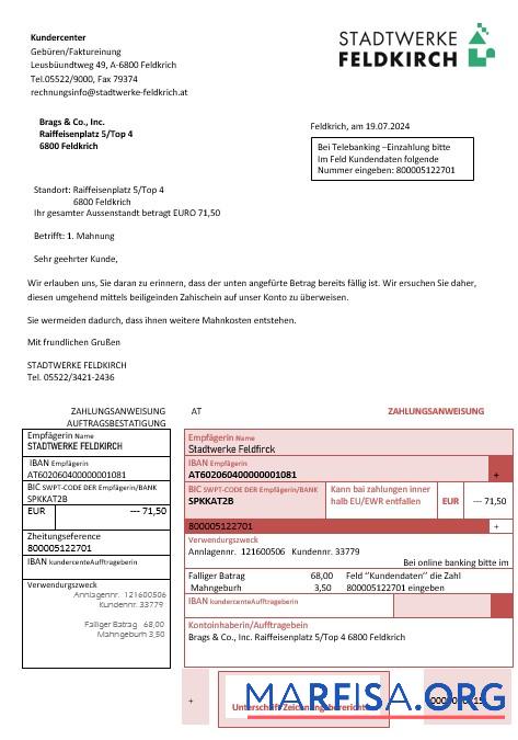 Профессиональный Австрия Stadtwerke Feldkirch Бизнес Счёт за коммунальные услуги Счёт Шаблон in Word and PDF Формат