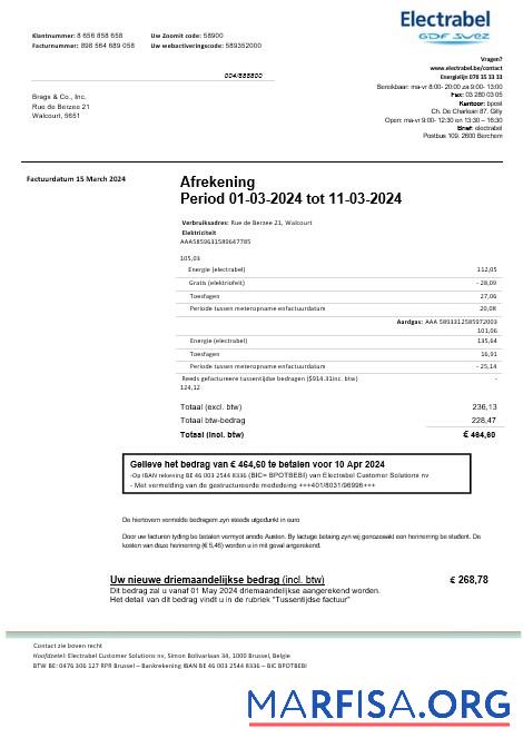 Профессиональный Бельгия Electrabel Электричество Бизнес Счёт за коммунальные услуги Счёт Шаблон, fully Редактируемый in Word and PDF Формат