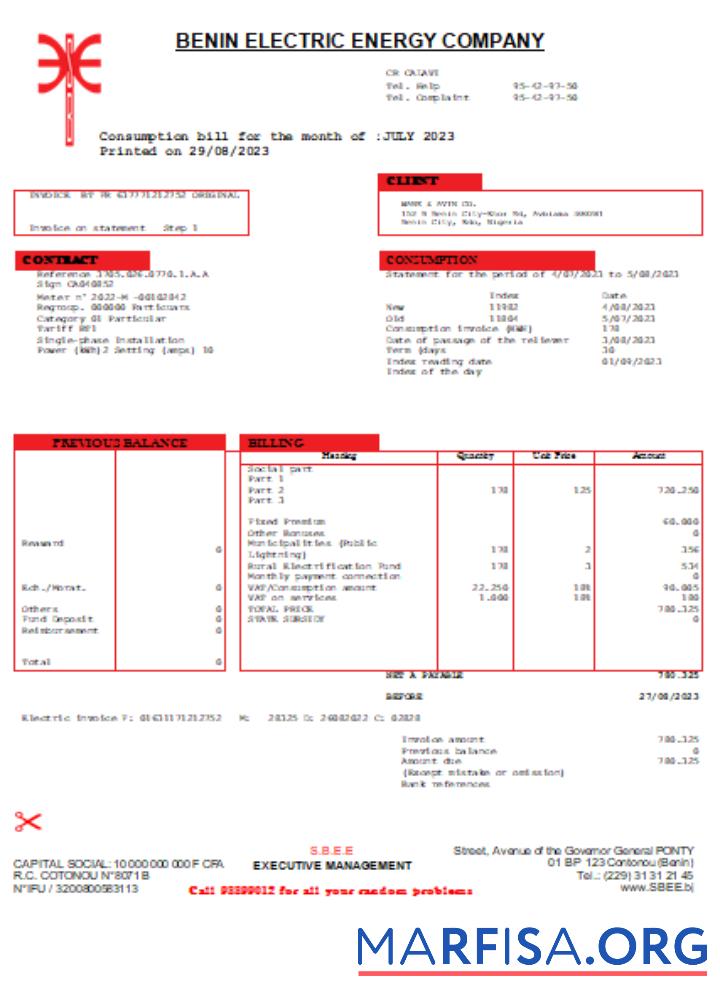 Бенин Электричество Distribution Компания Plc. Счёт за коммунальные услуги Бизнес Счёт SCR предпросмотр