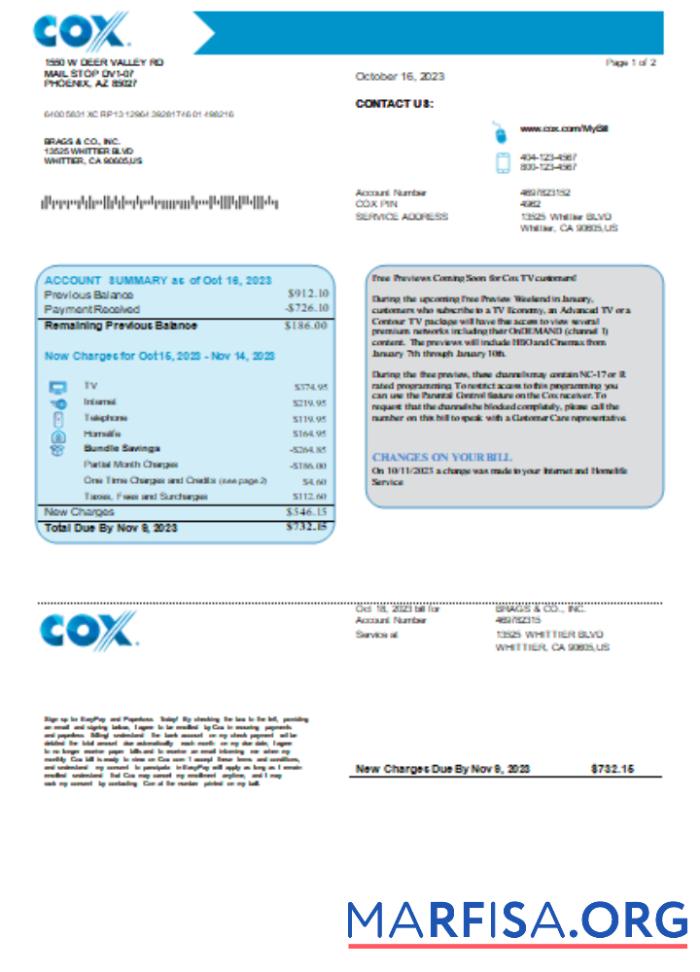 COX Счёт за коммунальные услуги Бизнес Счёт, page1, SCR образец