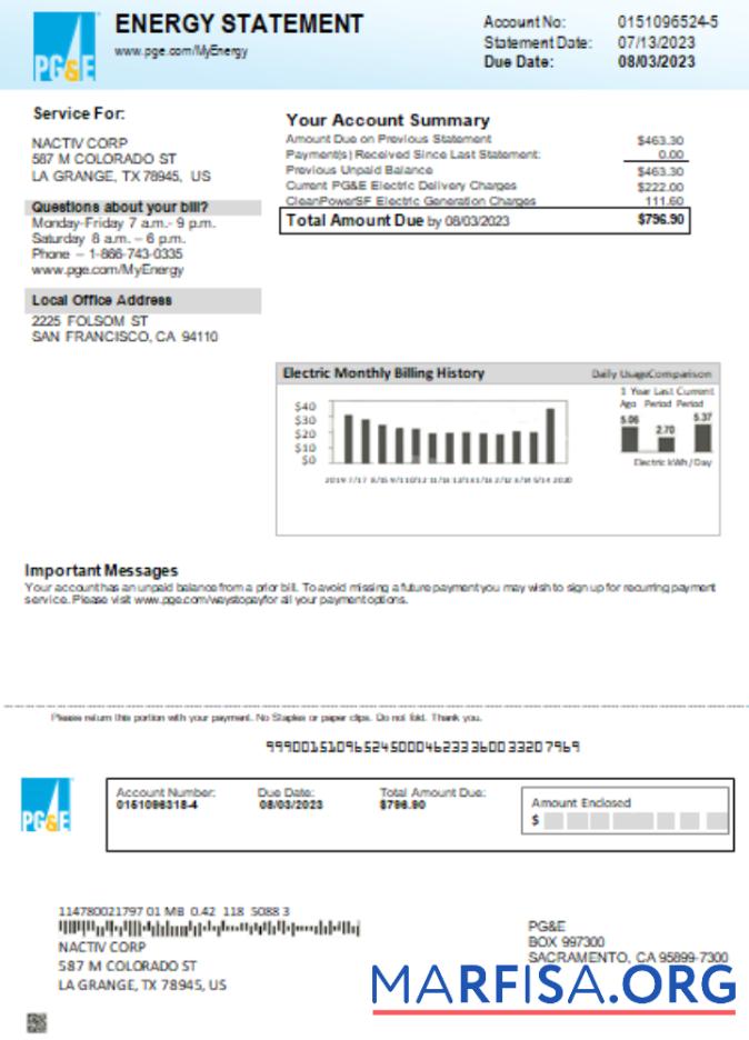 California PG&E Электричество Счёт за коммунальные услуги Бизнес Счёт, SCR макет