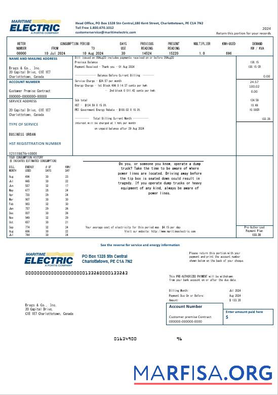 Высокое Качество Канада Maritime Electric Бизнес Счёт за коммунальные услуги Счёт Шаблон in Word and PDF Формат