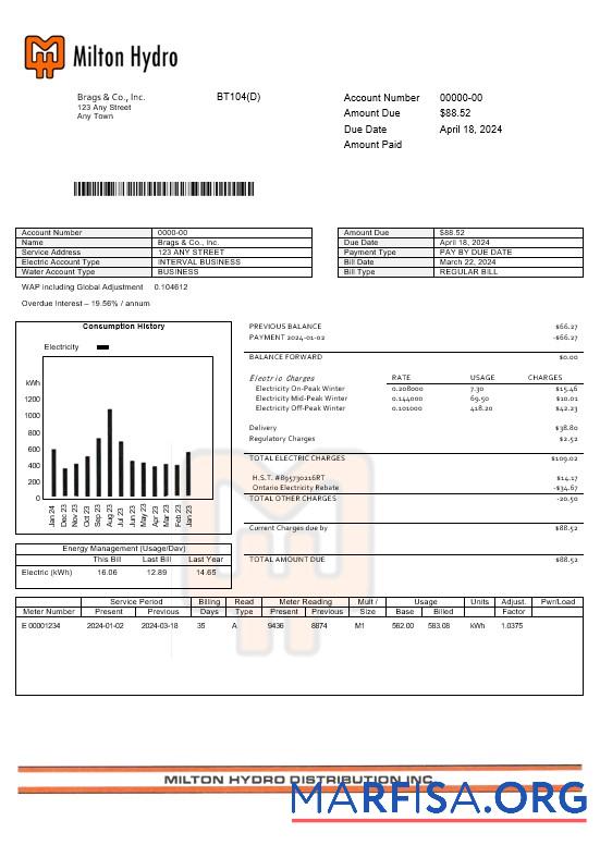 Канада Milton Hydro electricitybusiness Счёт за коммунальные услуги Счёт Word and PDF Форматы шаблон