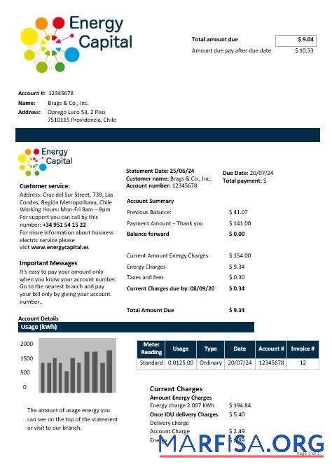 Премиум Чили Energy Capital Бизнес Счёт за коммунальные услуги Счёт Шаблон in Word and PDF Форматы