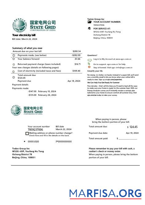 Китай State Сетка Corporation of Китай Электричество Бизнес Счёт за коммунальные услуги Счёт in Word and PDF Форматы макет