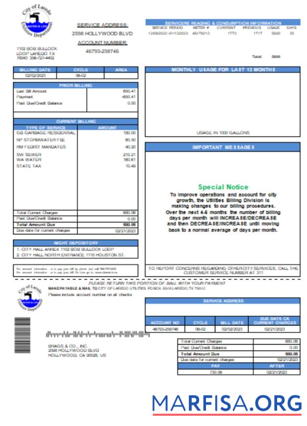 City of Laredo Utilities Department Вода Счёт за коммунальные услуги Бизнес Счёт, SCR макет