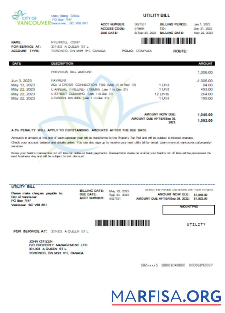 City of Vancouver Счёт за коммунальные услуги Бизнес Счёт, SCR дизайн