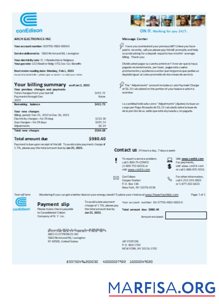 Con Edison Электричество Счёт за коммунальные услуги Бизнес Счёт SCR предпросмотр