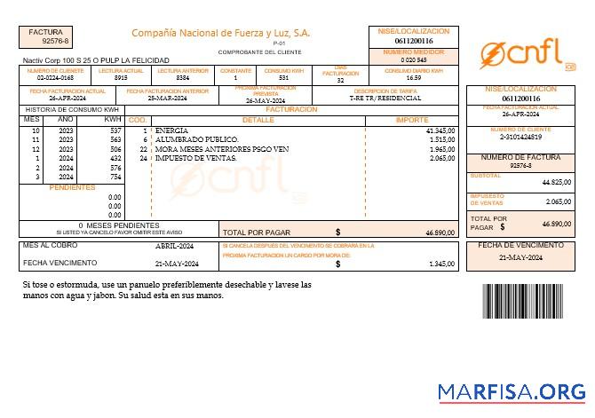 Коста-Рика Compania Nacional de Fuerza y Luz, S A CNFL Бизнес Счёт за коммунальные услуги Счёт in Word and PDF Форматы образец