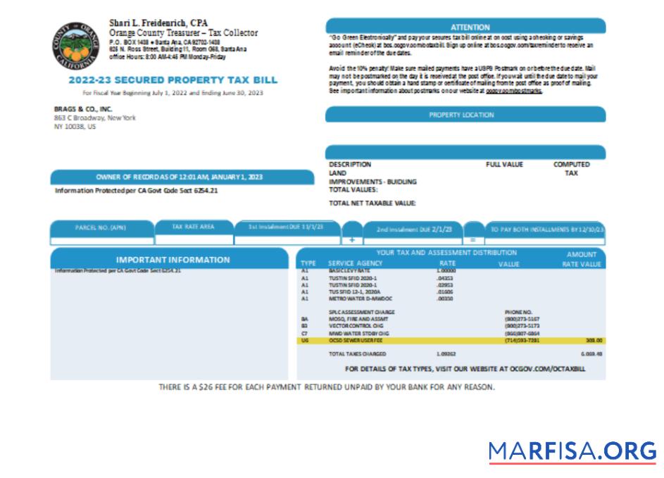 County of Orange California property Налог Бизнес Счёт, SCR образец