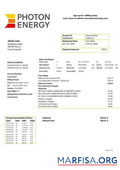 Премиум Чехия Photon Energy Бизнес Счёт за коммунальные услуги Счёт Шаблон in Word and PDF Форматы
