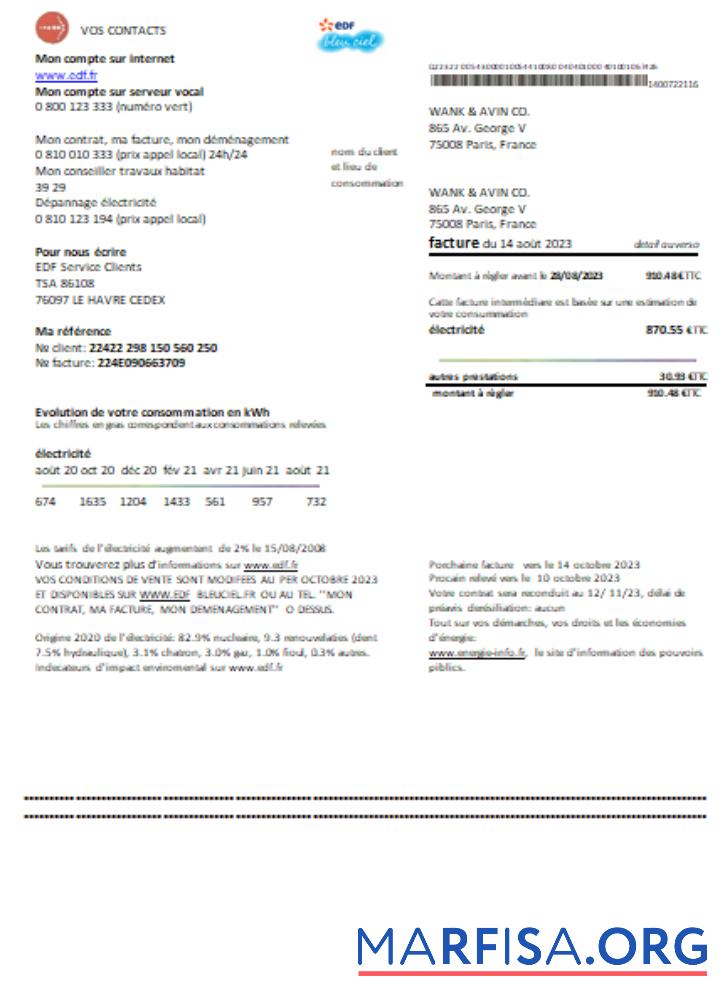 EDF Франция proof of address Счёт за коммунальные услуги Бизнес Счёт, SCR макет
