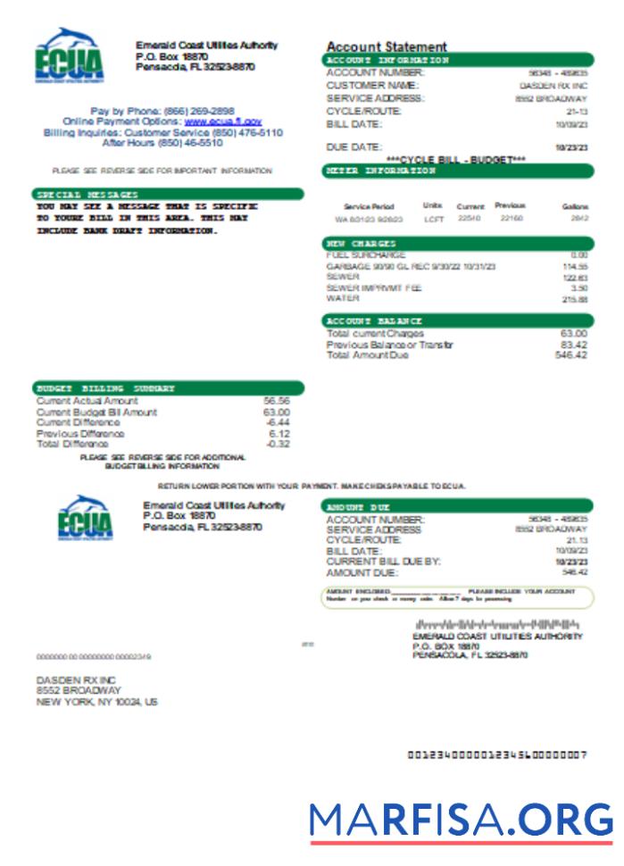 Emerald Coast Utilities Authority (ECUA) Счёт за коммунальные услуги Бизнес Счёт, SCR дизайн