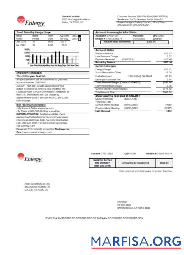 Entergy Счёт за коммунальные услуги Бизнес Счёт, Страница 1, SCR дизайн