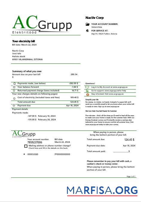 Премиум Эстония AC Grupp OU╠ê Электричество Бизнес Счёт за коммунальные услуги Счёт Шаблон in Word and PDF Форматы