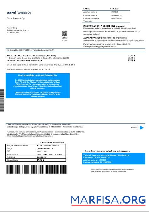 Финляндия Oomi Palvelut Oy Электричество Бизнес Счёт за коммунальные услуги Счёт in Word and PDF Форматы шаблон