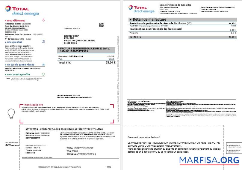 Реалистичный Франция Total Direct Energie Бизнес Счёт за коммунальные услуги Счёт Шаблон in Word and PDF formats1