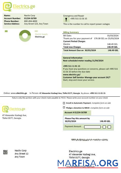 Редактируемый Грузия Electrics.ge Электричество Бизнес Счёт Шаблон in Word and PDF formats1